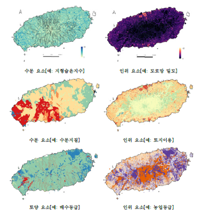 연구지역 공간 DB 구축 예시: 수문, 토양, 인위 요소