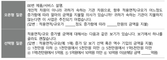 컨조인트 분석 적용 지불의사액(WTP) 설문 예시안(적용면적/규모)