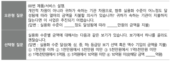 컨조인트 분석 적용 지불의사액(WTP) 설문 예시안(실용화 수준)