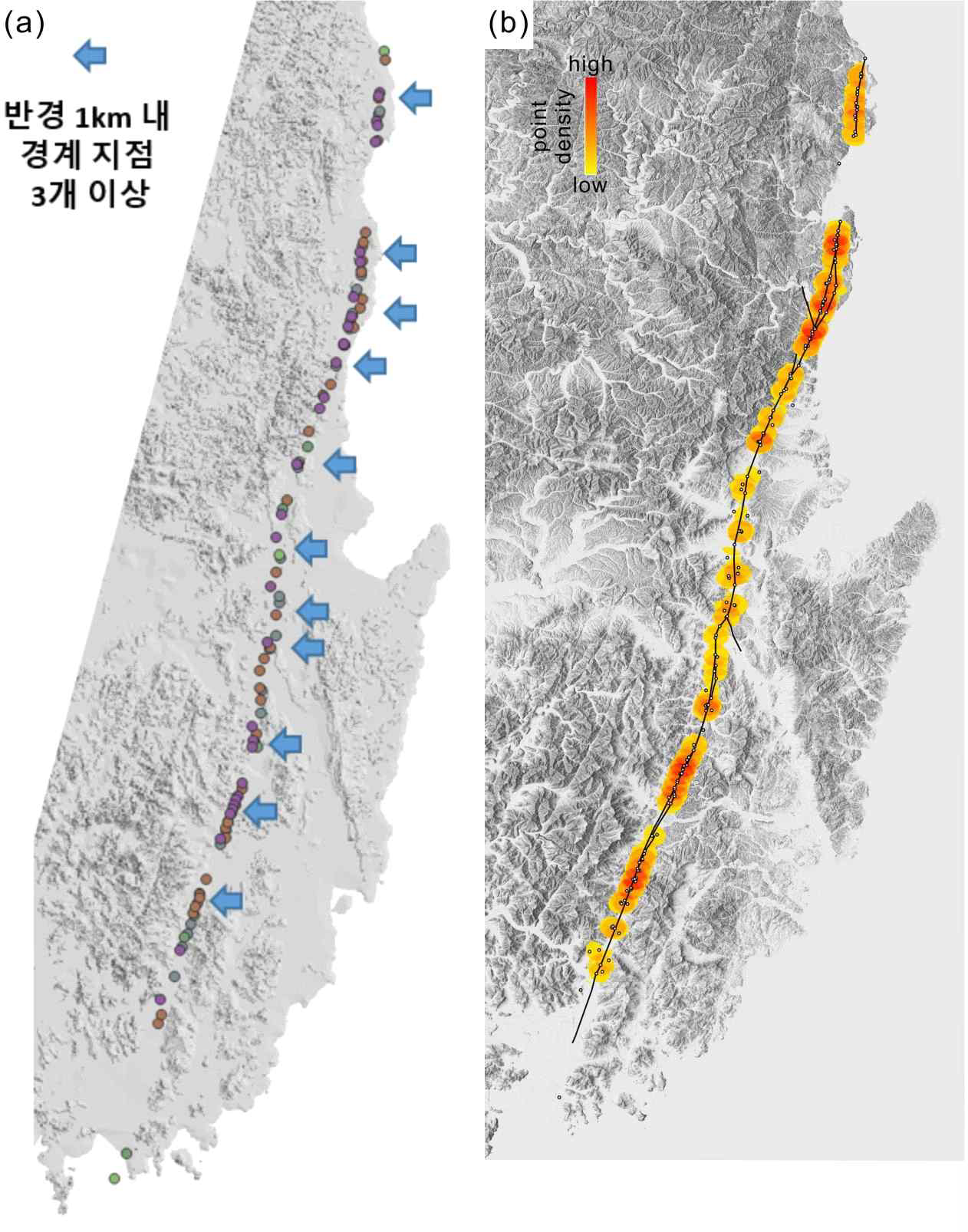 지형, 지질, 지구물리 등 각 기준요소별 이상대 중 반경 1km 이내에 3개 이상 집중되는 지역(a), 반경 2 km 에 대한 점밀도 차트예시(b)