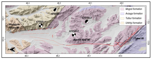 1967년 모고드 지진의 위치와 지표파열 분포