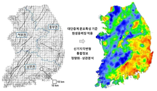 1:50만 활성지구조운동 분포지도 예상 결과물 (좌) 남한의 단층도(최성자 외, 2012), (우) 지각 평형 중력 이상도(KIGAM, 2018)