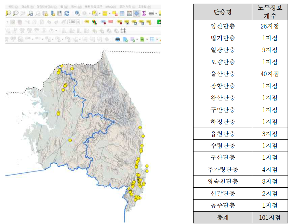 QGIS 활용 고지진 정보 구축 예시(좌)와 고지진 정보 개수(우)