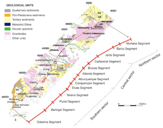 스페인 남서부 Alentejo-Plasencia단층의 지질정보와 분절모델(Villamor et al., 2012)