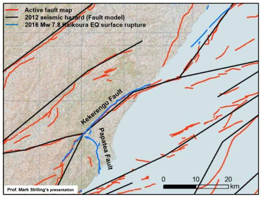 2016년 뉴질랜드 케이코쿠라지진 발생지역 일대의 활성단층지도와 단층분절모델(After Mark Strilling’s presentation)