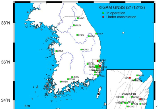 한국지질자원연구원 GNSS 상시관측소 배치도. 본 과제에서 구축한 관측소는 TENG, TEBD, TEJN이며, 빨간색 사각형은 2022년 구축 예정 관측소