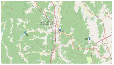 모니터링공(A1, A2) 위치와 9.12 지진 진원 추정위치