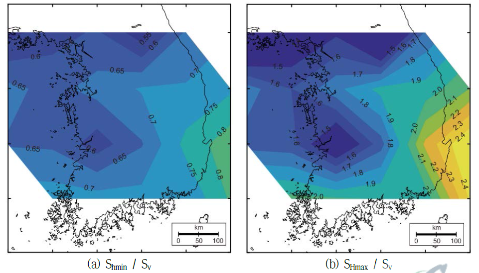 한반도 최소수평주응력(a) 및 최대수평주응력(b)의 공간적 변화