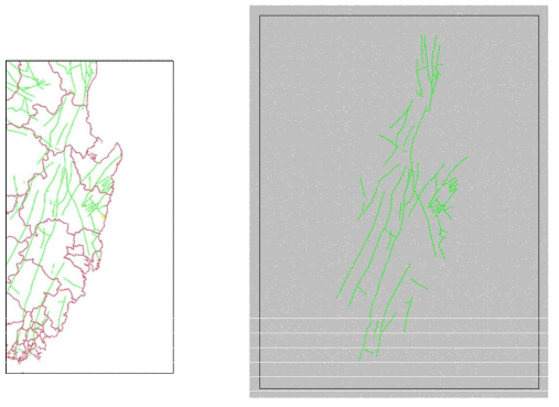 동남권역 단층선구조(좌), 2차원 입자결합모델을 사용하여 구현한 동남권역 단층모델(우)