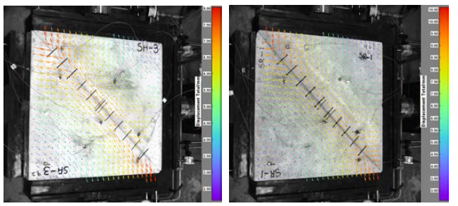 주향이동단층 모형시험체의 DIC 측정자료 예시(SF-3(좌), SR-1(우))