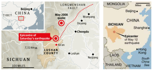 Epicenters of the 2008 Wenchuan earthquake and the 2013 Lushan earthquake (left figure: https://www.theguardian.com/world/2013/apr/20/earthquake-china-yaansichuan, right figure: https://www.nytimes.com/2009/03/09/world/asia/09sichuan.html)