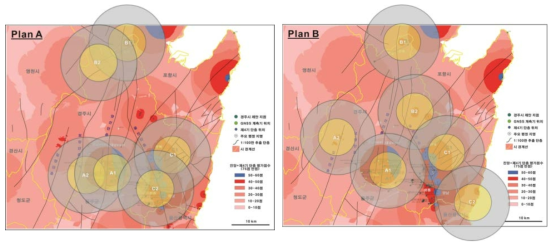 최적 모니터링 관측소 배치 방안. 대단층(울산, 양산) 단층으로 구분되는 세 지역에 쌍으로 배치하는 방안(Plan A, 좌) 과 모니터링 면적이 최대가 되는 배치안(Plan B, 우)
