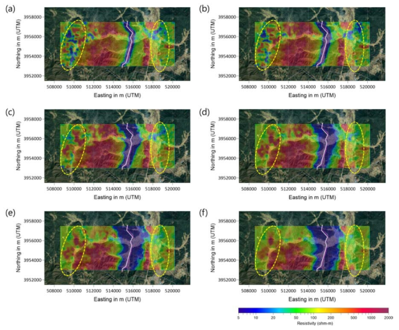 내남면 일대 항공전자탐사에 의하여 획득한 심도별 전기비저항 분포; (a) 50 m, (b) 100 m, (c) 200 m, (d) 300 m, (e) 400 m, (f) 500 m