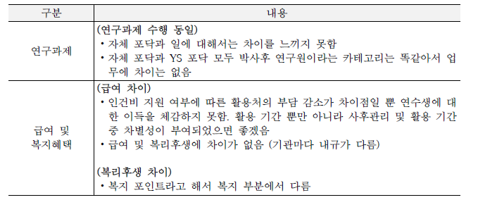 연수 종료자 인터뷰 정리: 본 사업과 자체 포닥과의 비교