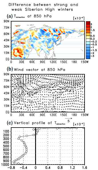 한파 발생시 대기역학 과정과 관련된 하층 온도 이류와 바람 벡터, 온도 이류의 연직 구조