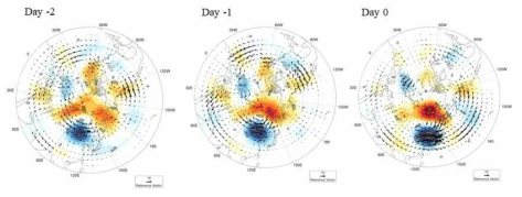 블로킹 한파 발생 2일 전부터 발생일까지의 300hPa 지위고도 편차와 wave-activity flux