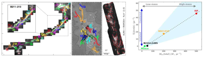 (왼쪽) 필라멘트를 구성하고 있는 velocity coherent한 fiber들. 왼쪽부터 Taurus (저질량별생성 영역), Perseus 분자운의 NGC1333 (중간질량별생성 영역), Orion 분자운의 Integral Shape Filament, ISF (고질량별생성 영역)의 적외선 이미지와 분자선 관측 자료로 구분한 fiber를 실선으로 표시. (오른쪽) Musca, Taurus, NGC1333, ISF의 전체 단위길이당 질량(x축) 대 단위길이당 질량이 임계값보다 큰 fiber의 개수밀도 (y축)