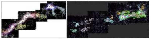 PPV 3차원 공간 자료를 이용해서 구한 L1478(left)과 IC5146(right)의 velocity coherent filaments. 빨간 십자모양과 삼각형은 N2H+(1-0)로 구한 고밀도분자운핵을 나타냄