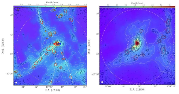 JCMT SCUBA2/POL2로부터 얻은 IC5146 W-hub (left) and L1478 F8-hub (right) 영역의 850 μm continuum contour map (검은색 contour). 배경 이미지와 흰색 contour는 250 μm Herschel map. 빨간색 타원은 850 μm 자료로부터 동정한 코어임. 4별 모양은 Spitzer와 Herschel/PACS로부터 얻은 70 μm point sources (Harvey et al. 2008; Poglitsch et al. 2010). IC5146의 흰색 점선은 TRAO FUNS C18O(1-0)로부터 동정한 필라멘트의 가이드라인이고, 흰색 점선으로 나타낸 두 개의 원은 JCMT POL2의 11’ 관측 영역과 높은 sensitivity를 갖는 중심 3’ 영역을 나타냄