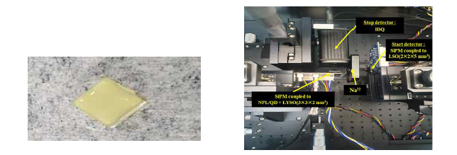 Perovskite-QD와 무기섬광결정과 결합한 사진(좌)과 원리검증용 한 쌍 의료영상기기 구축 사진(우)