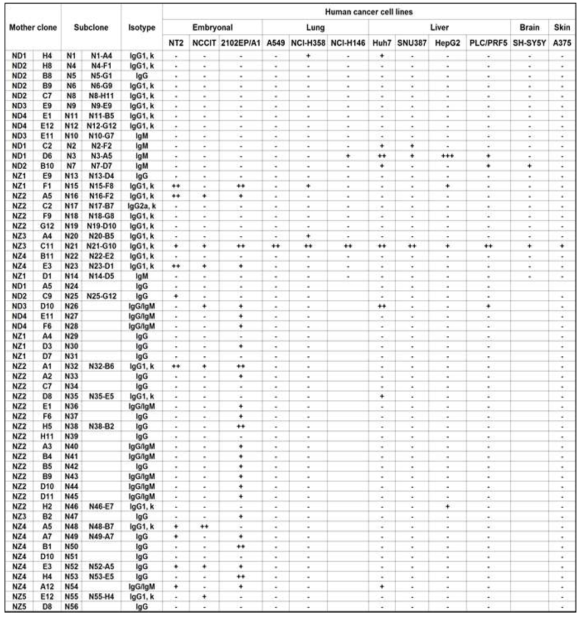 FACS profile of naive hPSC-specific surface mAbs in various cancer cells