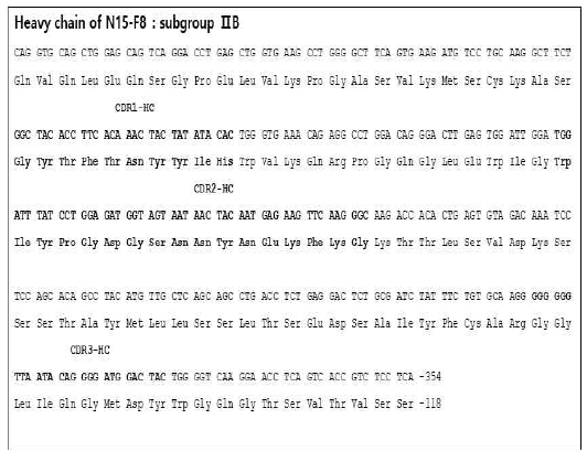 N15-F8 heavy chain 의 아미노산 서열. 중쇄는 서브그룹 IIB 에 속하고, 항원을 인식하는 CDR1, 26-35, CDR2, 50-66, CDR3, 99-107