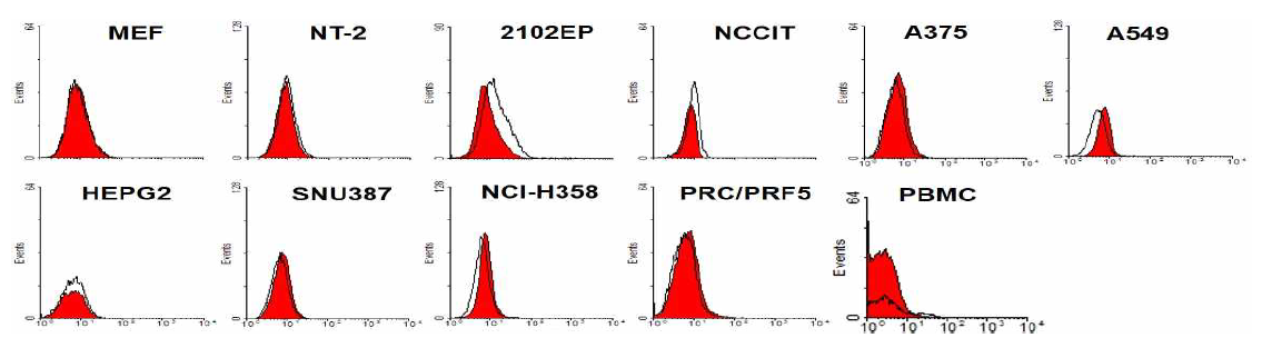 Flow cytometry of various cancer and primary cells with N49-A7. MEF, 인간 배아암 세포 (NT-2, 2102EP, NCCIT), 다양한 암세포 및 정상 혈액세포 (PBMC)에 대한 단일클론 항체 N49-A7의 결합력. 실선은 N49-A7의 결합력, 빨간 바탕은 2차 항체만 반응시킨 것임