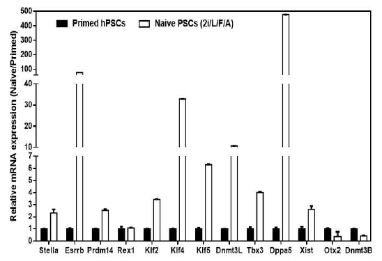 primed과 naive (H9-2i/L/F/A) 세포에서 naive/primed gene의 발현비교. H9-2i/L/F/A에서 naive gene의 발현이 primed H9 세포에 비해 증가하고, primed gene인 Otx2와 Dnmt3B가 현저히 감소함