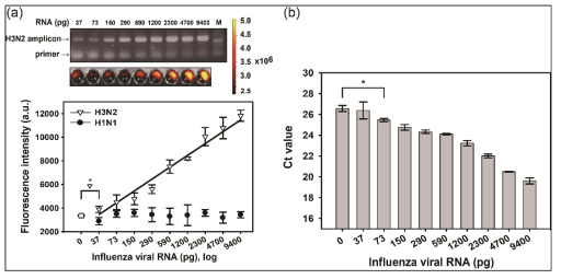 산화그래핀과 형광핵산을 이용한 인플루엔자 바이러스 검출의 민감도 및 비교