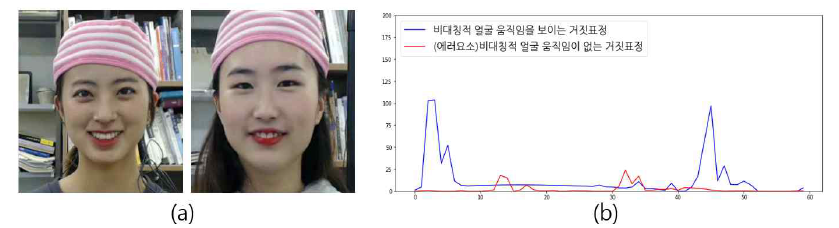 얼굴 비대칭성 특징을 기반으로 훈련된 SVR 회귀모델의 에러요소 (a) 참 표정으로 오인식한 거짓 표정(좌측)과 올바르게 인식된 거짓표정(우측) (b) 시계열 얼굴 비대칭 측정값