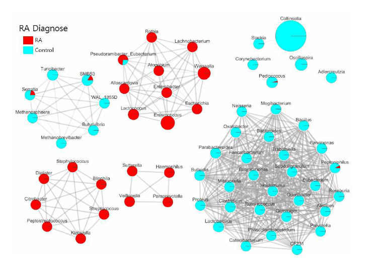 RA 데이터의 SYMMF-net 분석결과 (RA 특이적인 미생물 군집과 정상 특이적인 군집 발견)