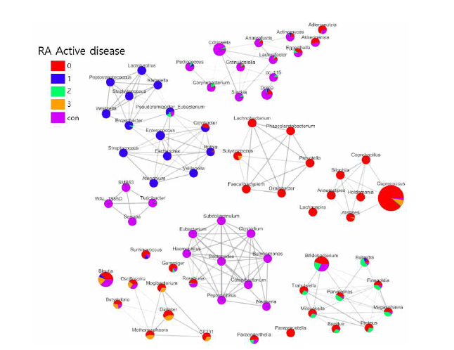 RA 데이터의 disease activity 메타데이터를 이용한 SYMMF-net 분석결과 (각 activity 수준 별 특이적인 미생물 군집 발견)