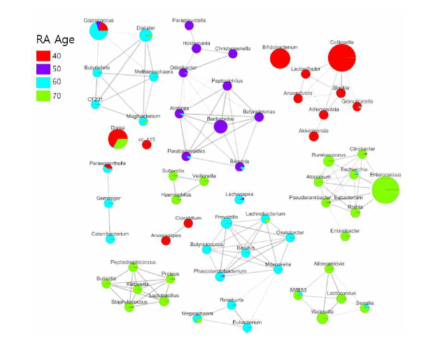 RA 데이터의 age 메타데이터를 이용한 SYMMF-net 분석결과 (40, 50, 60 ,70 등 나이 대에 따른 특이적인 미생물 군집 탐색 진행)