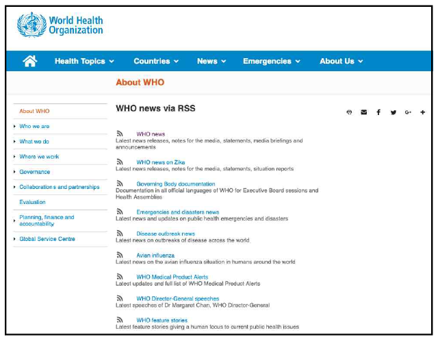 세계보건기구 뉴스데이터 RSS 배포사이트 화면