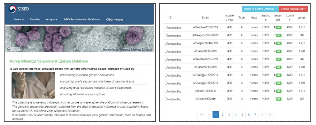 한국 질병관리청의 KISED를 통한 국내 독감환자 유전체 제공 화면