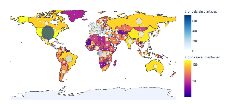 전 세계에서 발생한 감염병 관련 기사의 수와 국가별로 언급된 감염병 종류의 수를 나타낸 그림 (원의 크기가 커지고 색이 진할수록 발생한 감염병 관련 기사의 수가 많으며, 국가별로 색이 노란색에 가까울수록 발생한 감염병의 종류가 많음)