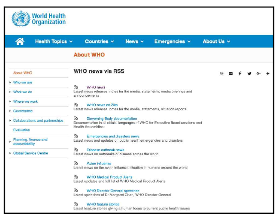 세계보건기구 뉴스데이터 RSS 배포사이트 화면