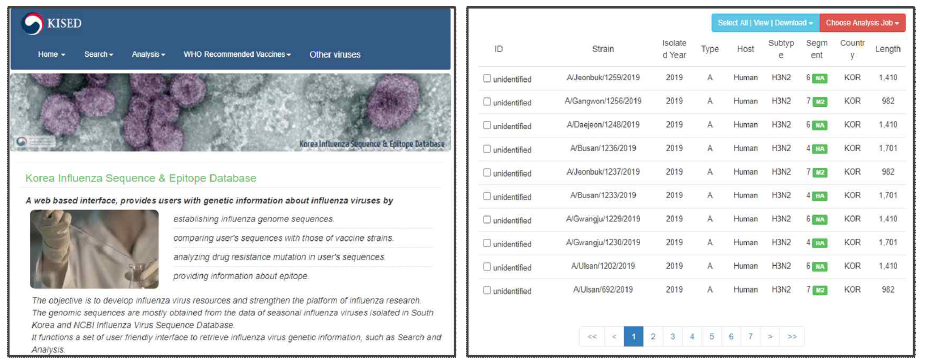 한국 질병관리청의 KISED를 통한 국내 독감환자 유전체 제공 화면