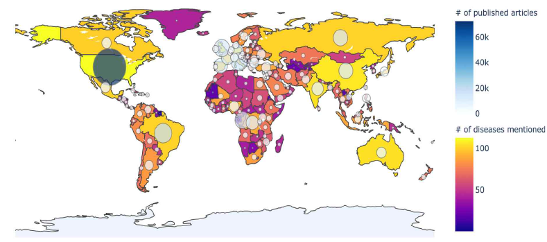 전 세계에서 발생한 감염병 관련 기사의 수와 국가별로 언급된 감염병 종류의 수를 나타낸 그림 (원의 크기가 커지고 색이 진할수록 발생한 감염병 관련 기사의 수가 많으며, 국가별로 색이 노란색에 가까울수록 발생한 감염병의 종류가 많음)
