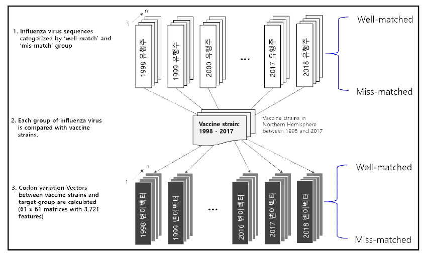 인플루엔자 바이러스의 백신주 불일치 위험도 예측을 위한 데이터 전처리 모식도