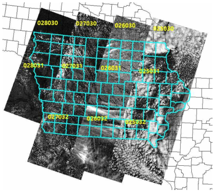 아이오와주(하늘색 선) 지역을 커버하는 Landsat 8 OLI 예시