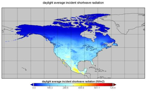 Daymet의 입사 단파복사(incident shortwave radiation) 영상 예시