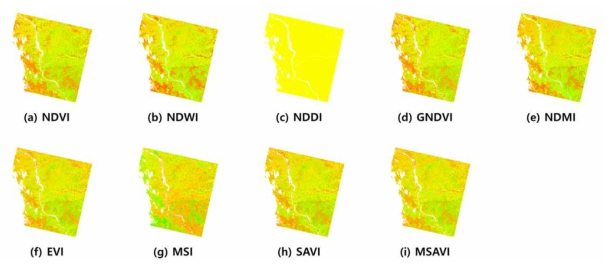 Landsat 8 OLI Level2 영상을 이용하여 산출한 9가지 식생지수 예시