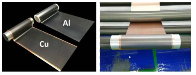 엣지부분산화 그래핀이 코팅된 구리, 알루미늄호일(좌) Roll-to-roll 공정사진 (우)