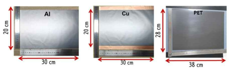 엣지부분산화 그래핀 복합 코팅재를 코팅한 알루미늄 호일(좌), 구리 호일(중간) 및 PET 기판(우)