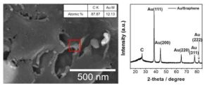 in-situ 환원반응을 통해 제조된 엣지부분산화 그래핀-Au 복합중간재의 주사전자현미경 사진, EDS 성분분석 (붉은색 박스 표기부분) 및 X-선 회절 측정결과