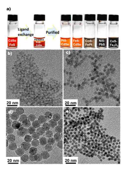 Thiometallates 표면 개질된 다양한 a) 나노입자 용액 사진 및 b) CdSe, c) PbS, d) Fe3O4, d) Au 투과전자현미경 사진