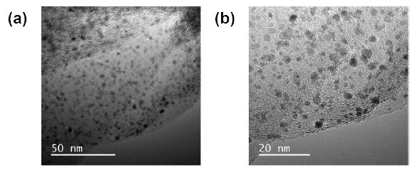 엣지부분산화 그래핀- a) Rh, b) Pd 나노입자 복합체 투과전자현미경 사진