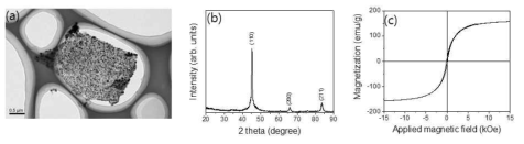 EOG표면에 코팅된 FeCoNi 나노입자의 a) SEM 이미지, b) XRD 및 c) 자화곡선