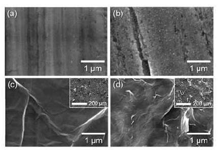 5 M 황산 용액 함침 전후, a,b 구리 호일과 c,d 엣지부분산화 그래핀 코팅한 구리 호일의 표면을 촬영한 FE-SEM 분석 사진 [a), c) 함침 전, b), d) 1시간 함침 후, 삽입도: 저배율 분석 사진]